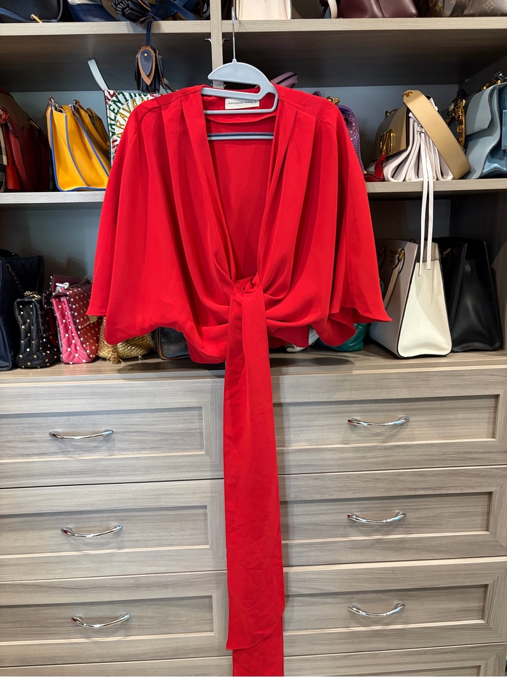 Women’s Red Tie-Front Blouse with Draped V-Neck